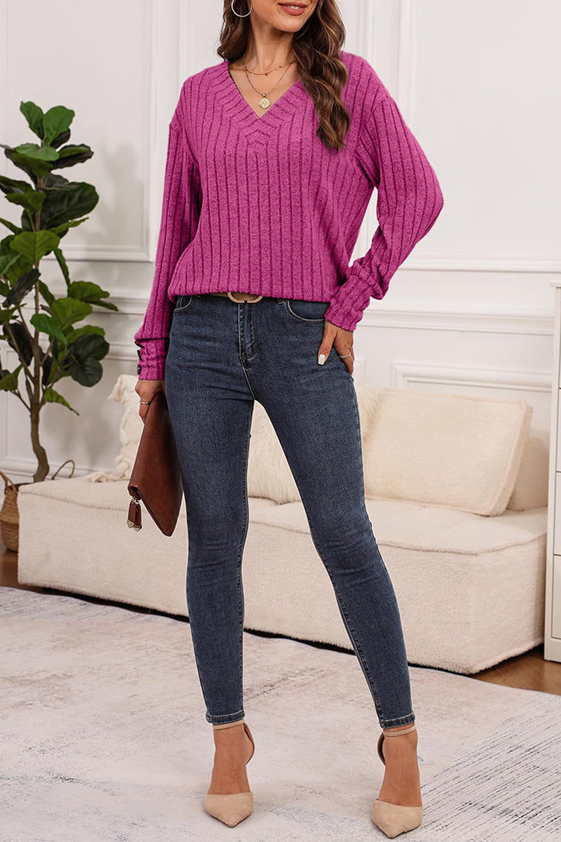 V-Neck Button Sleeve Ribbed Knit Top