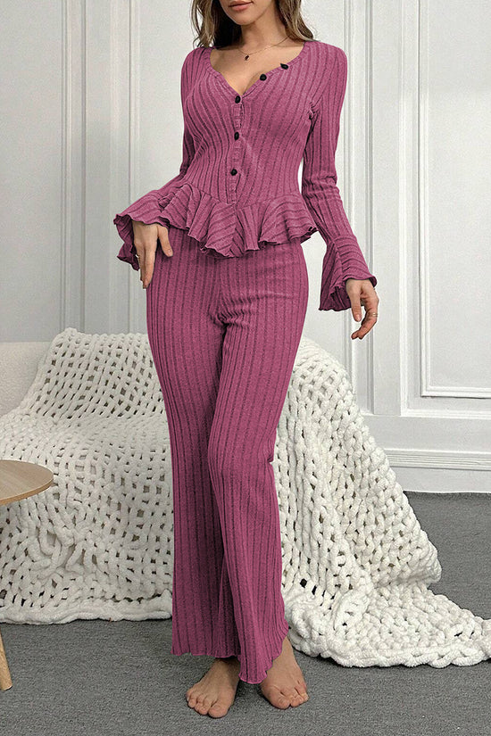 Ribbed Knit Long Sleeve Loungewear Set