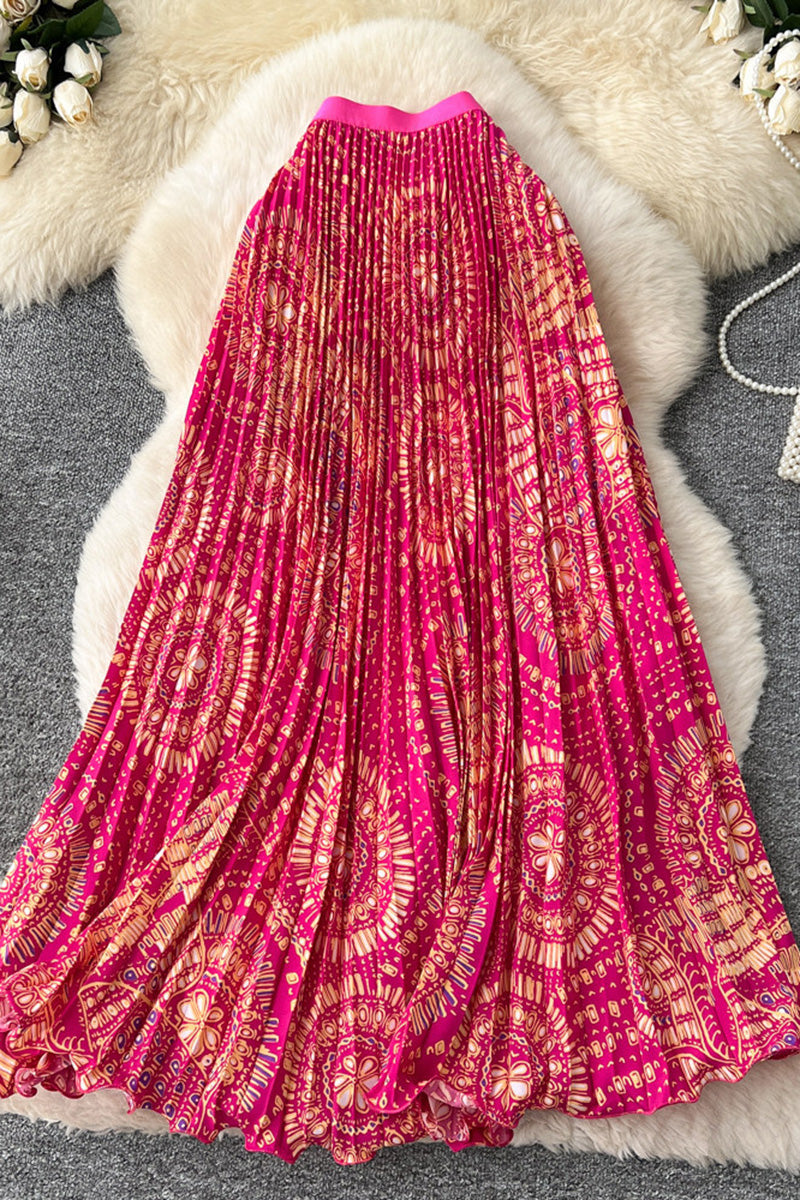 Vibrant Patterned Pleated Midi Skirt