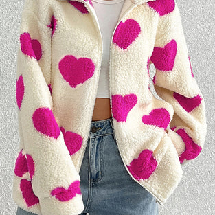 Heart Patterned Cozy Zip-Up Coat