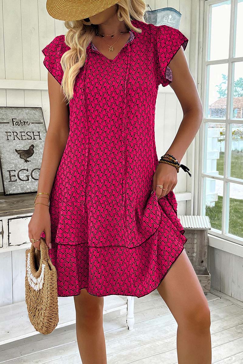 Patterned Flutter Sleeve Casual Dress