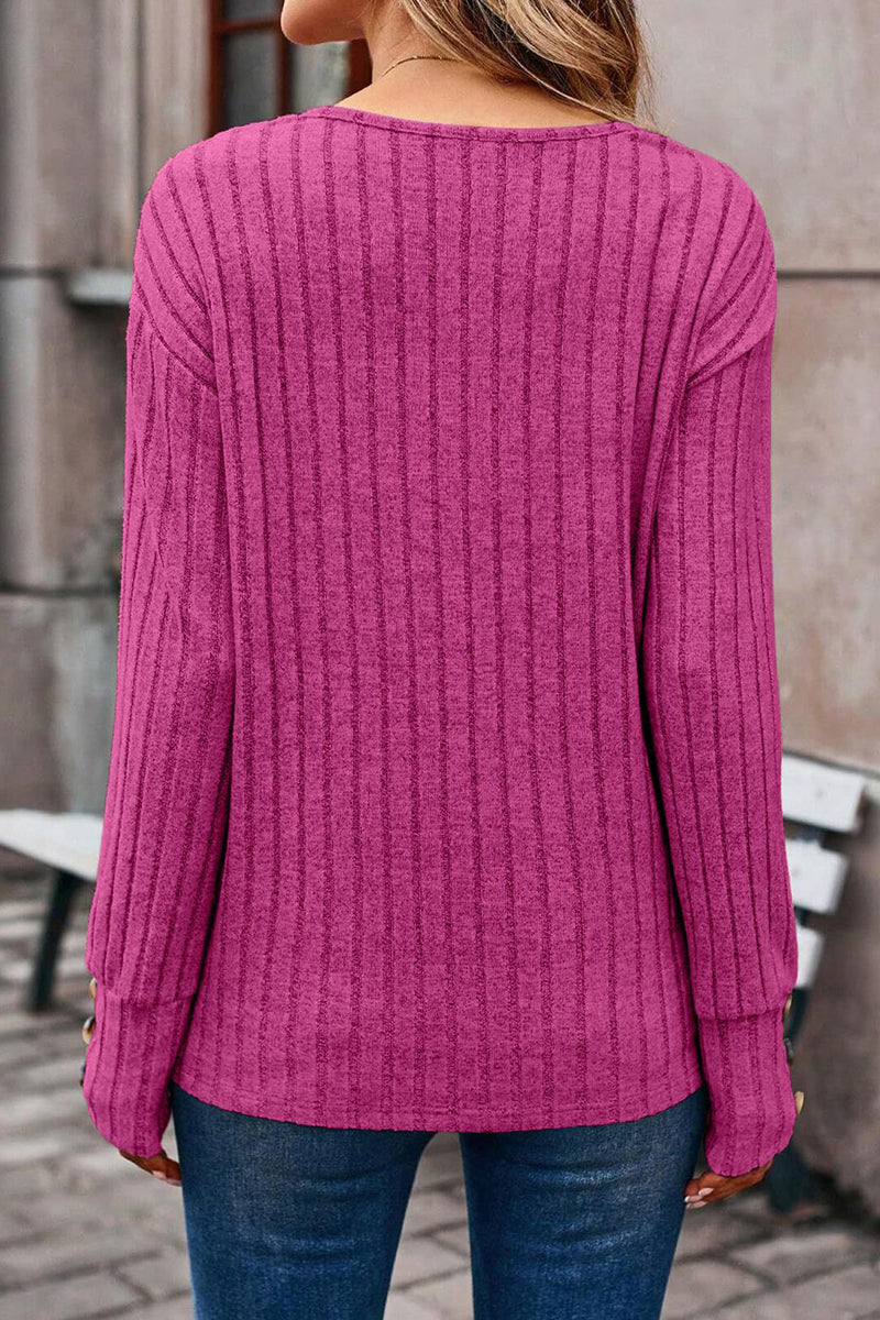 V-Neck Button Sleeve Ribbed Knit Top