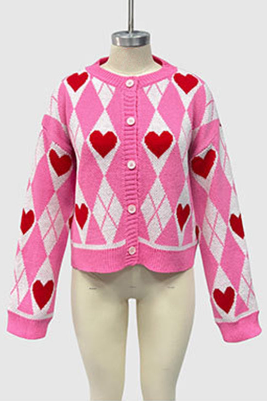 Heart Argyle Button-Up Cardigan