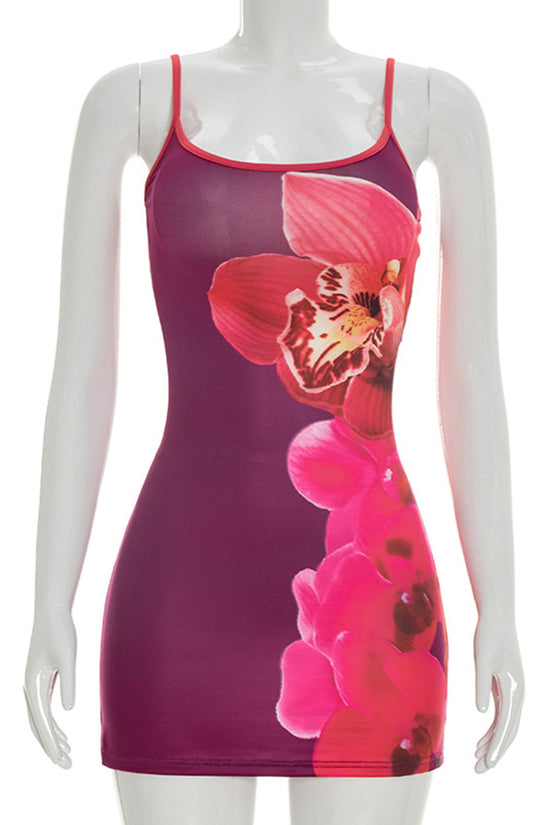 Orchid Print Sleeveless Casual Dress