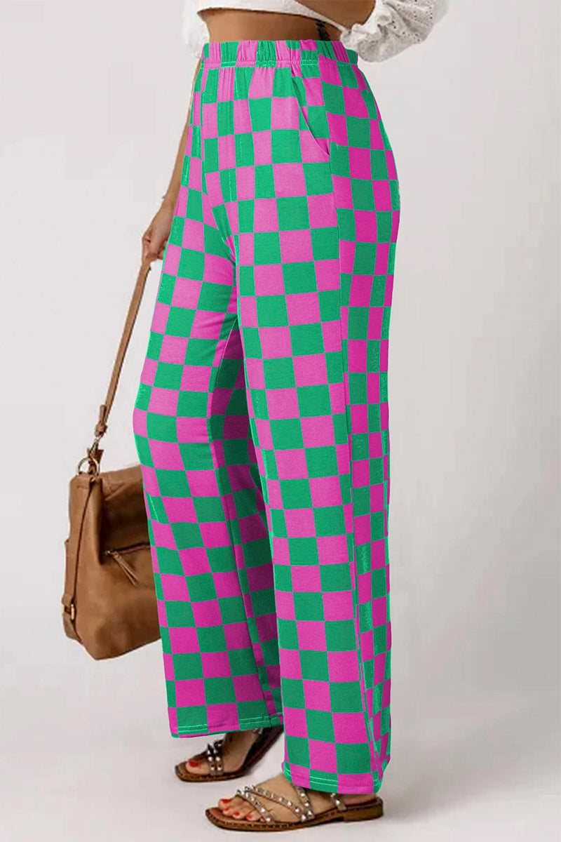 Checker Pattern Wide-Leg Casual Pants