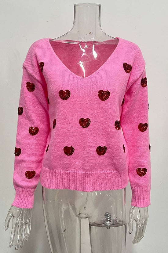 Heart Pattern V-Neck Sweater