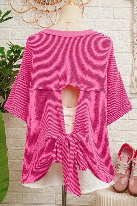 Spiral Ribbed Cutout Bow Knot Back T-Shirt