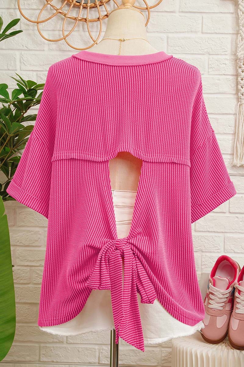 Spiral Ribbed Cutout Bow Knot Back T-Shirt