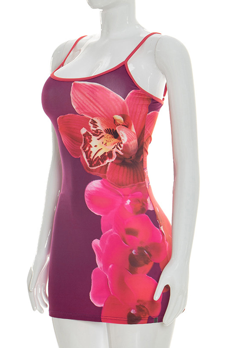 Orchid Print Sleeveless Casual Dress