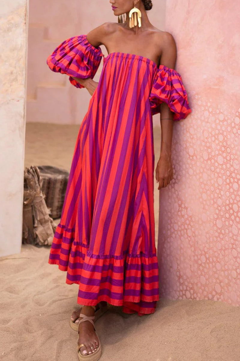 Striped Puff Sleeve Casual Dress