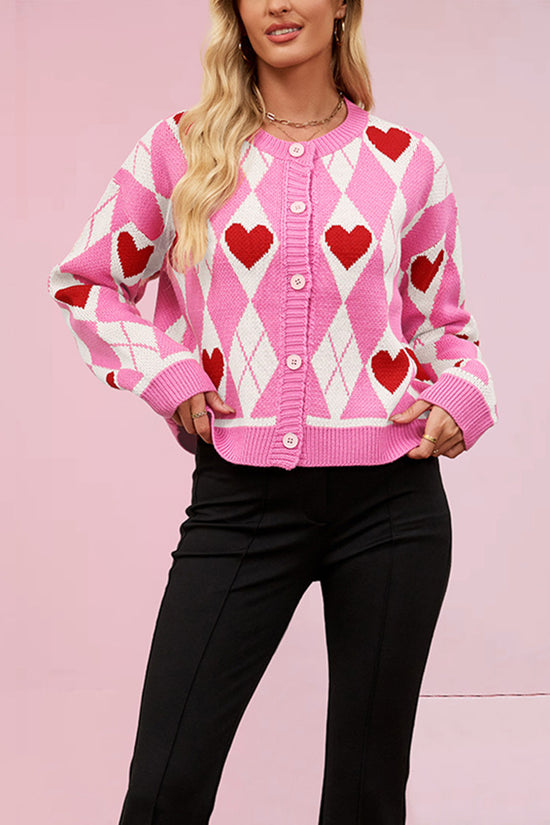 Heart Argyle Button-Up Cardigan