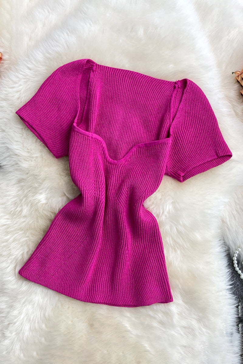 Ribbed Knit Scallop Neck Tee
