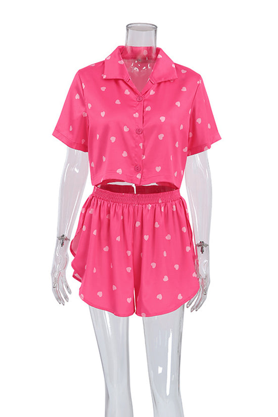 Heart Print Short Sleeve Pajama Set