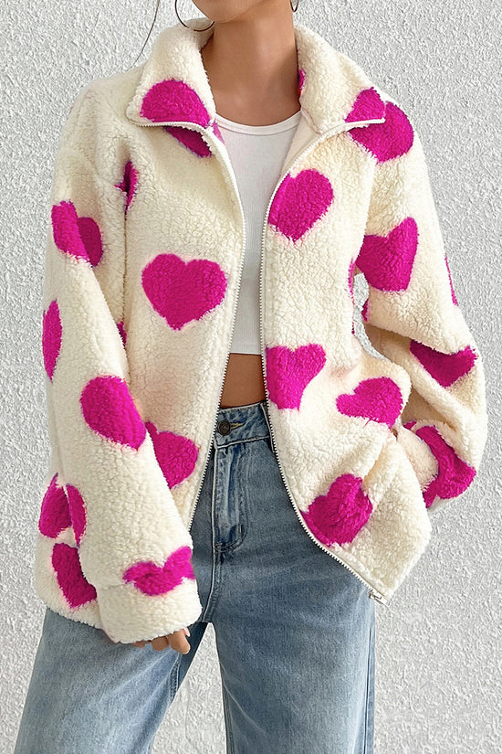 Heart Pattern Zip-Up Fleece Jacket
