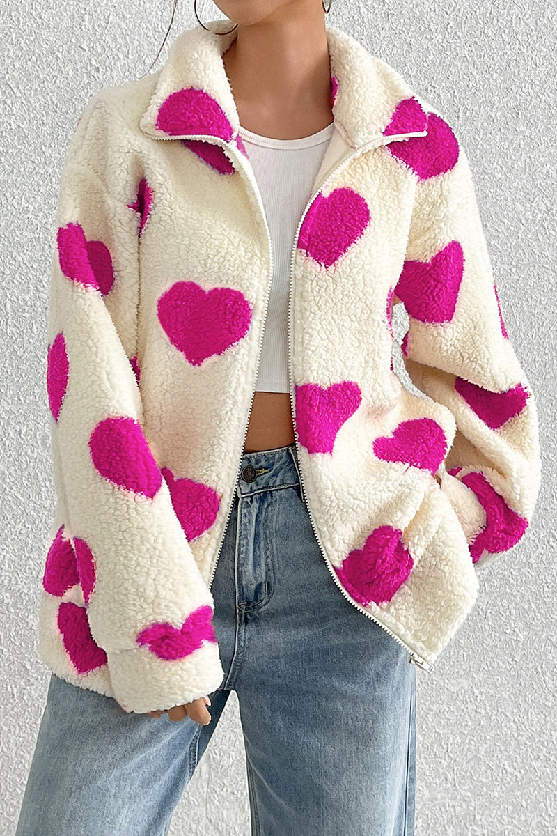 Heart Pattern Zip-Up Fleece Jacket