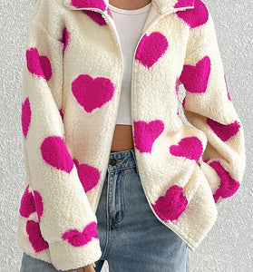 Heart Pattern Zip-Up Fleece Jacket