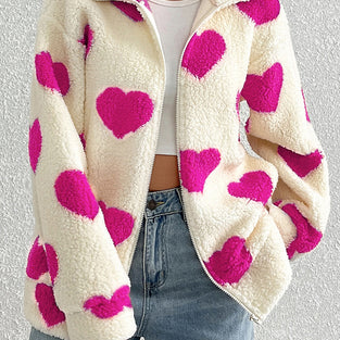 Heart Pattern Zip-Up Fleece Jacket