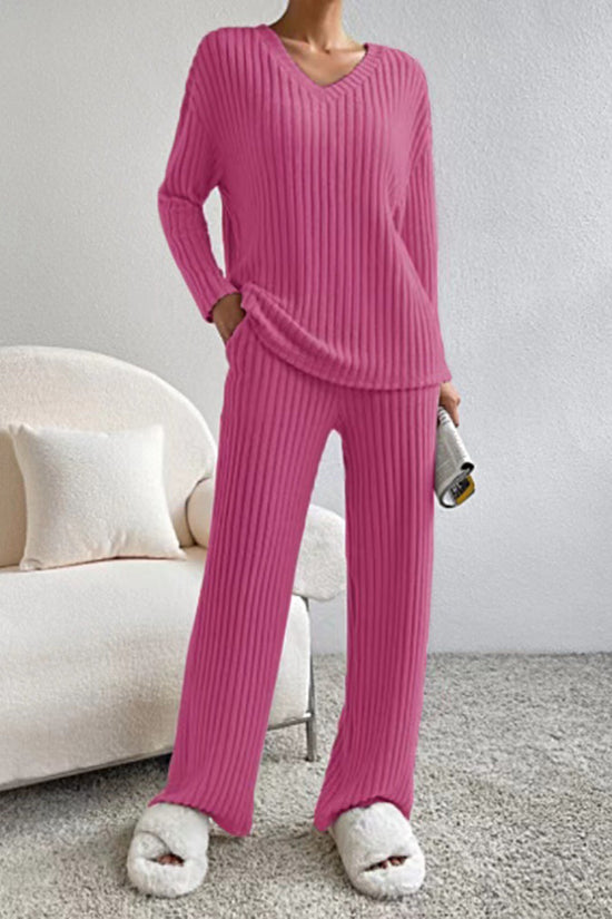 Ribbed V-Neck Pants Set