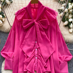 Elegant Bow Tie Ruffle Blouse