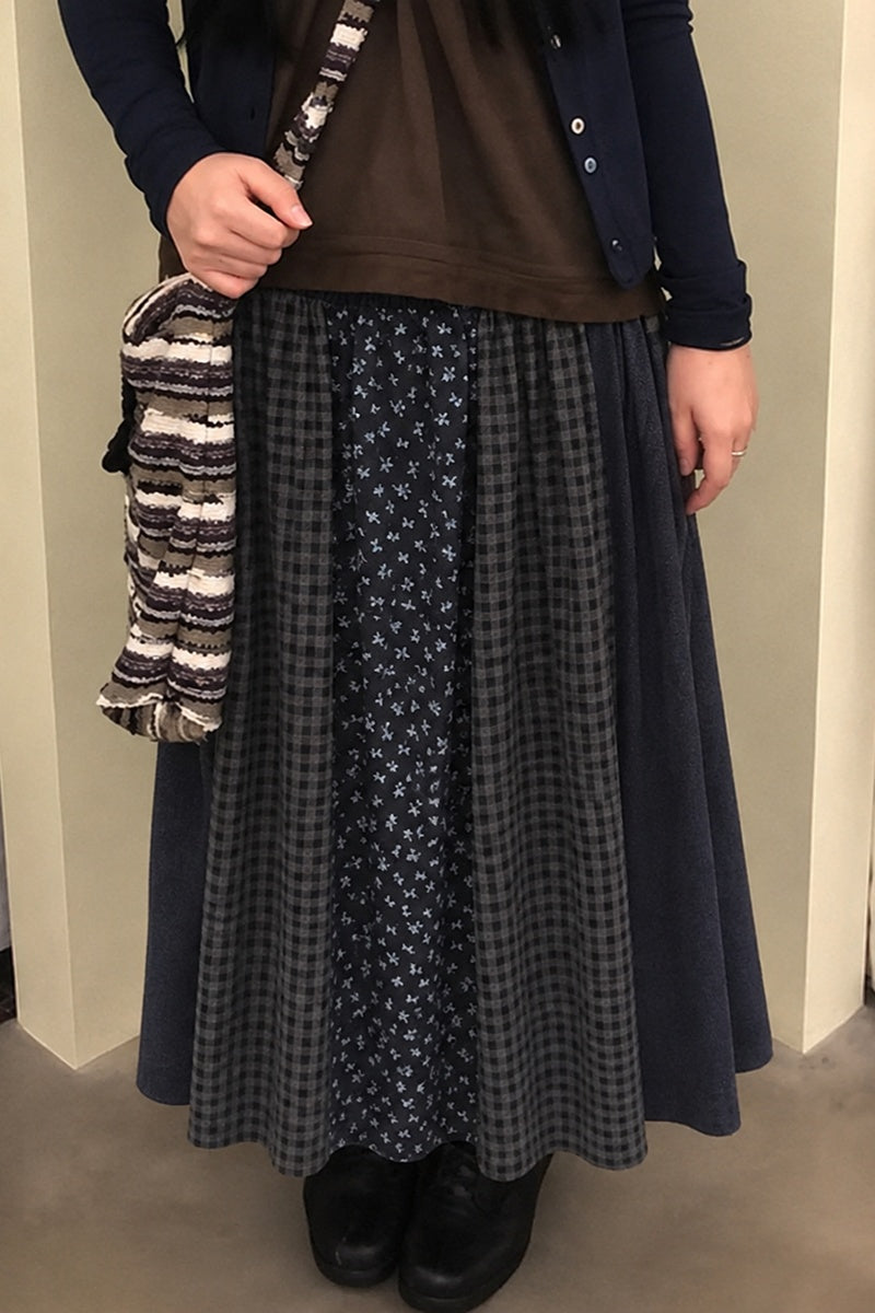 Patchwork Floral Smocked Waist A-Line Midi Skirt
