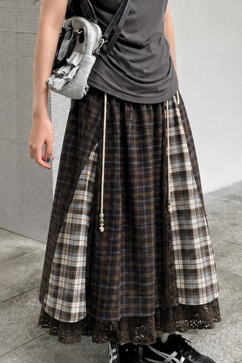 Plaid Lace Trim Midi Skirt