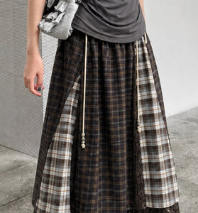 Plaid Lace Trim Midi Skirt