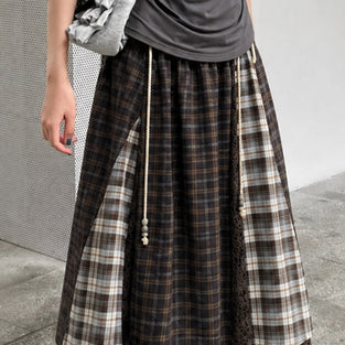 Plaid Lace Trim Midi Skirt