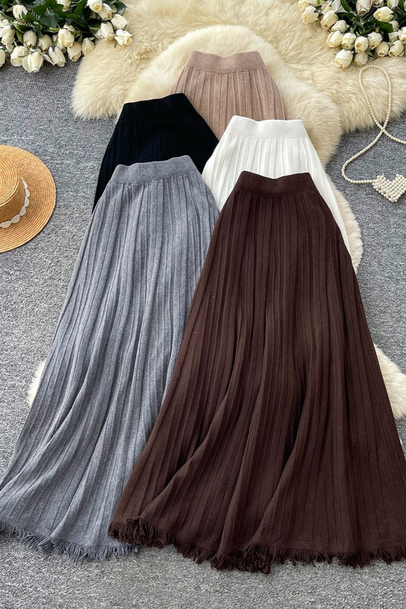 Ribbed Knit Fringe Hem Midi Skirt