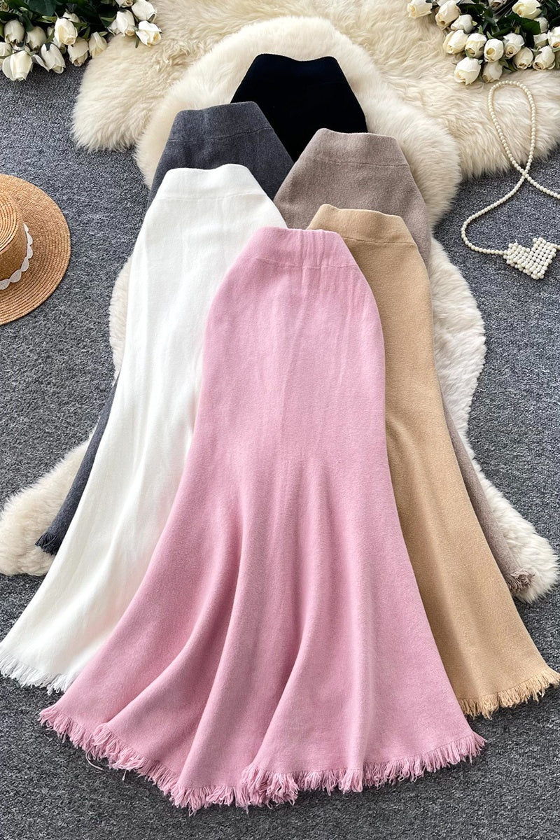 High-Waist Knit Fringe Hem Midi Skirt