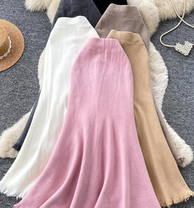 High-Waist Knit Fringe Hem Midi Skirt