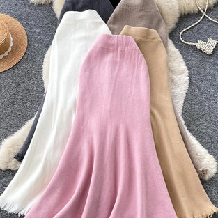 High-Waist Knit Fringe Hem Midi Skirt