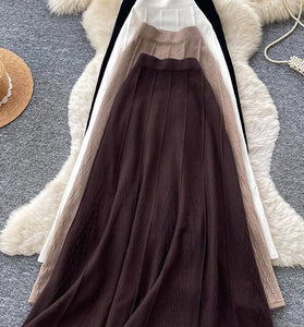 Ribbed Knit High-Waist A-Line Midi Skirt