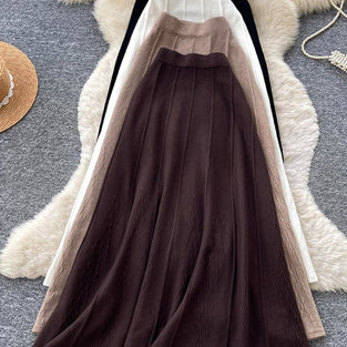 Ribbed Knit High-Waist A-Line Midi Skirt