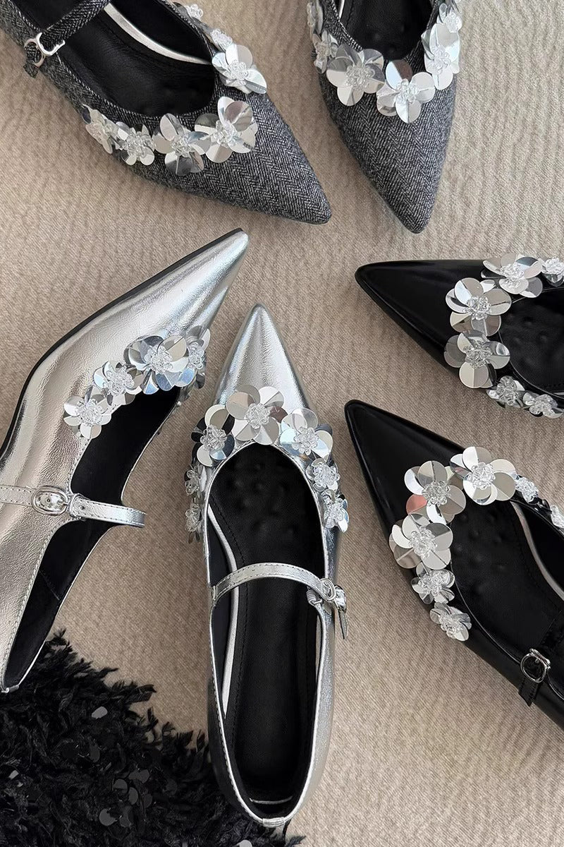 Floral Embellished Metallic Flats