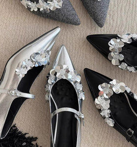 Floral Embellished Metallic Flats