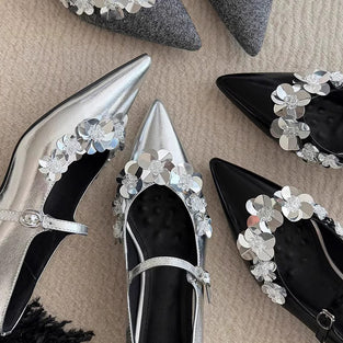 Floral Embellished Metallic Flats