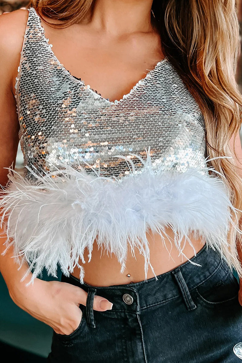 Sparkling Sequin Feather Trim Tank