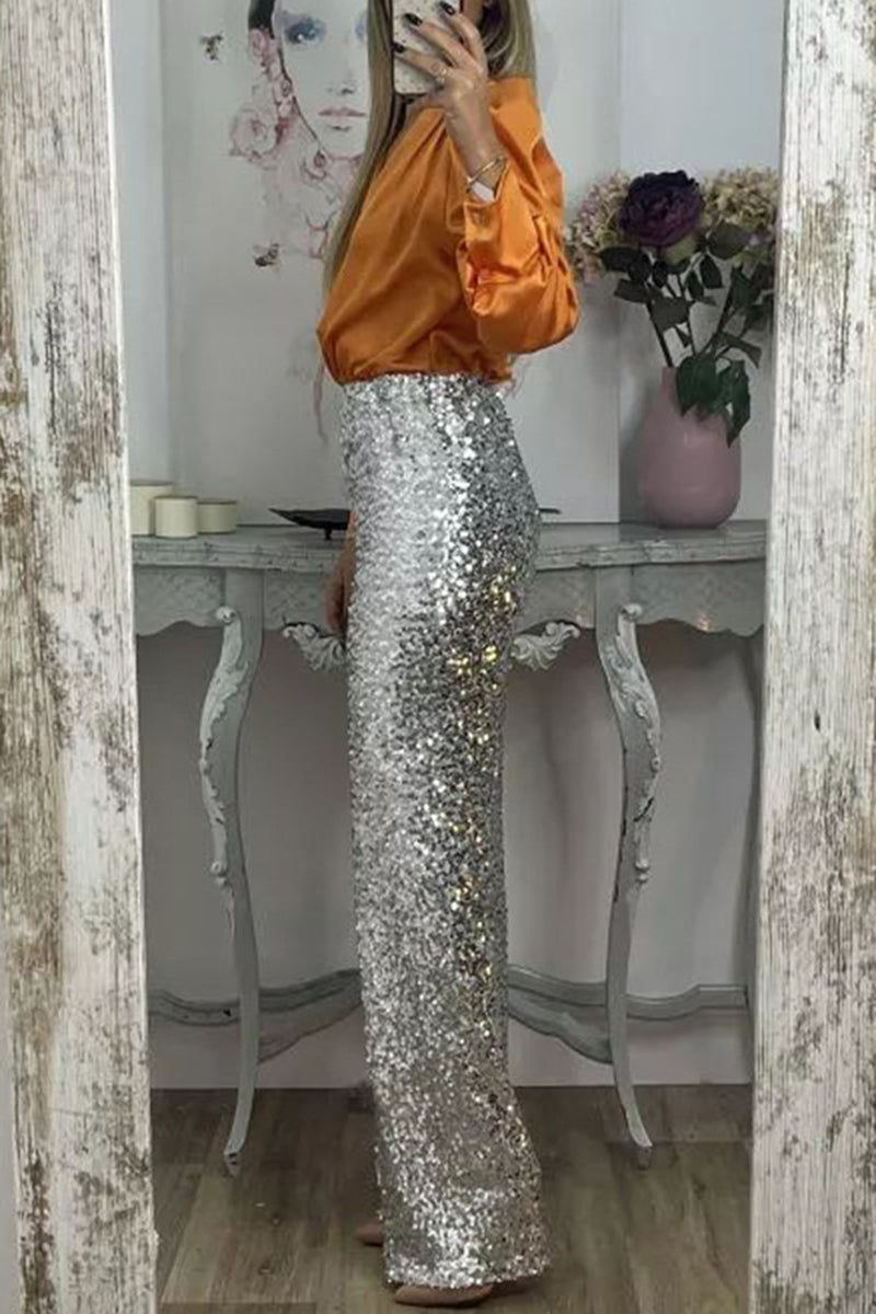 Sparkling Sequin High-Waist Casual Pants