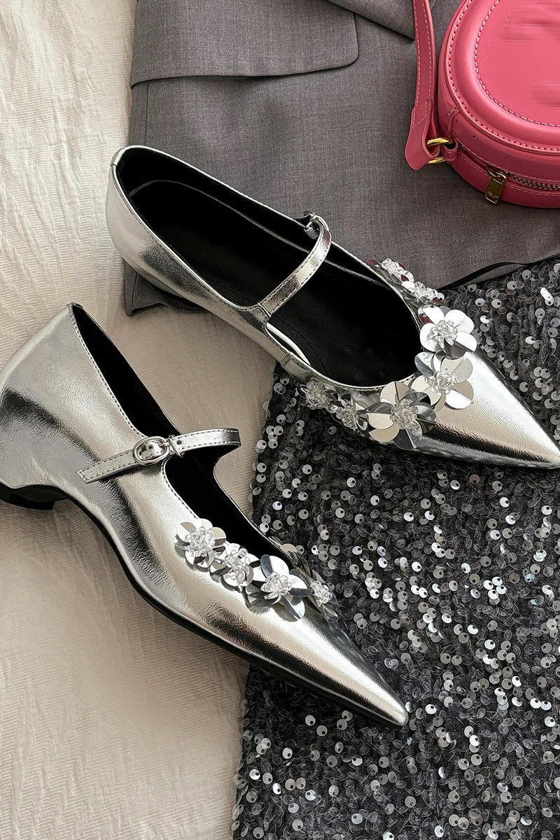 Floral Embellished Metallic Flats