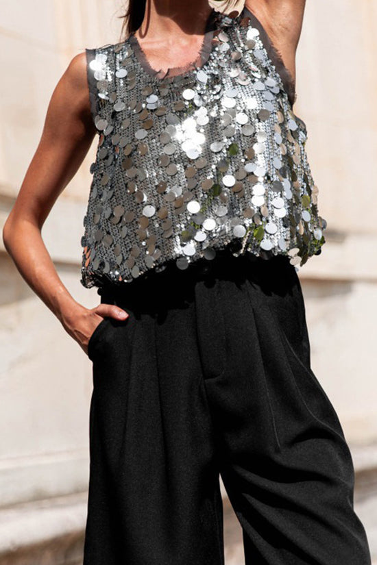 Sequin Embellished Sleeveless Tank Top
