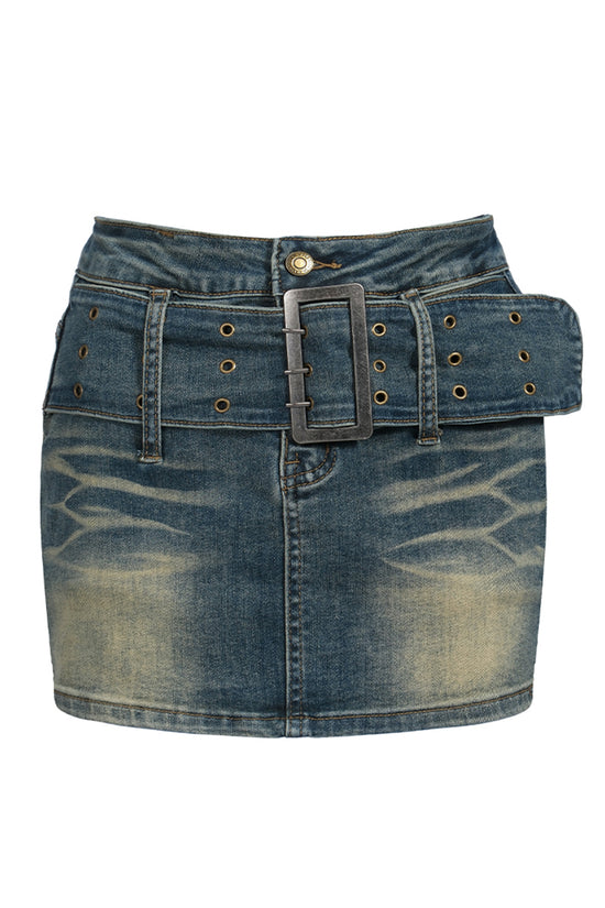 Belted Distressed Denim Mini Skirt