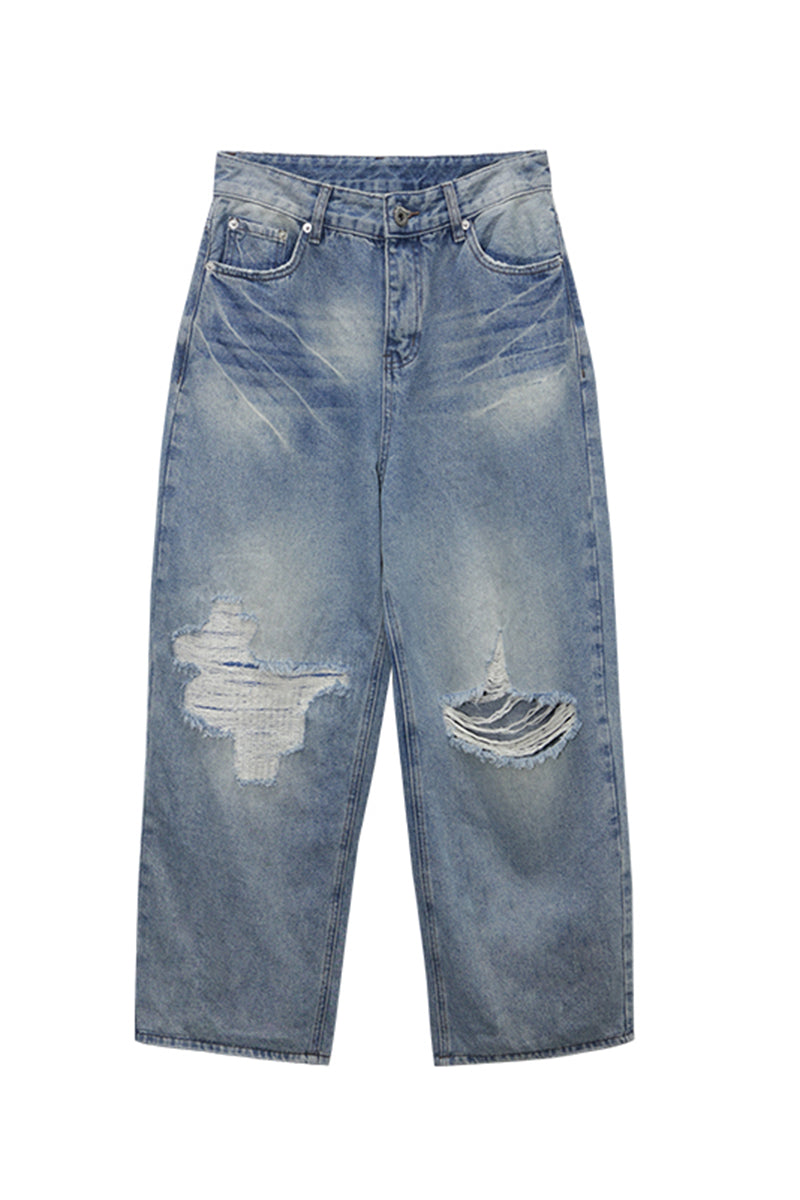 Relaxed Fit Faded Distressed Jeans