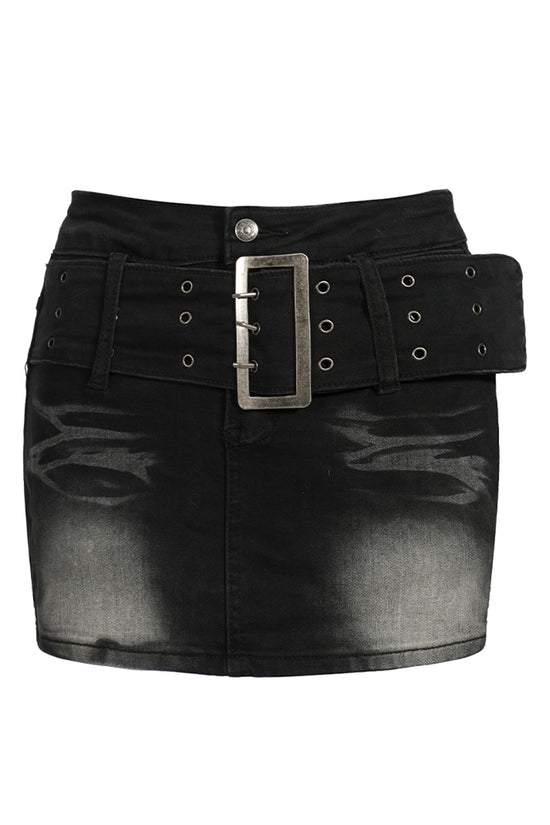 Belted Distressed Denim Mini Skirt