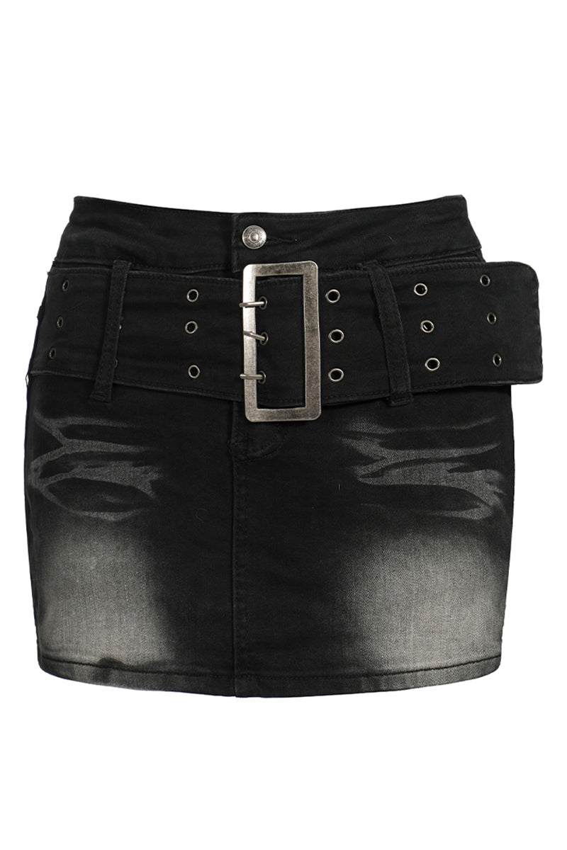 Belted Distressed Denim Mini Skirt