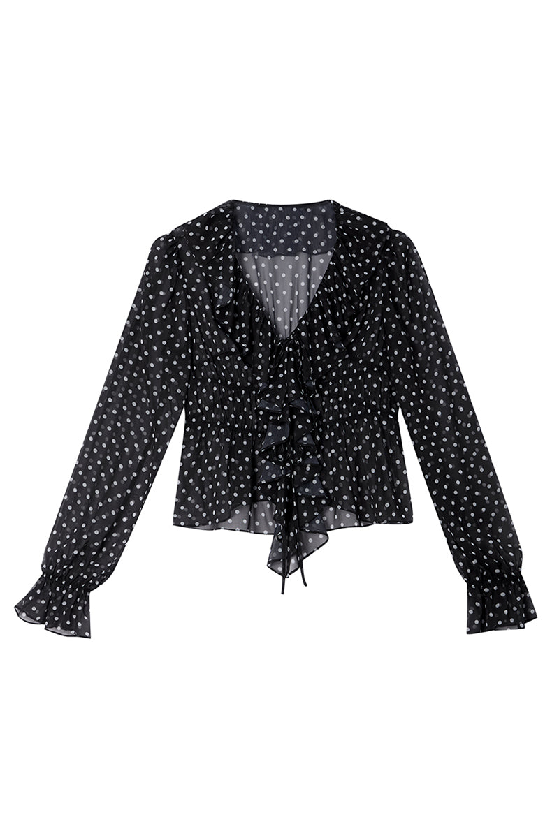 Ruffle Trim Polka Dot Blouse