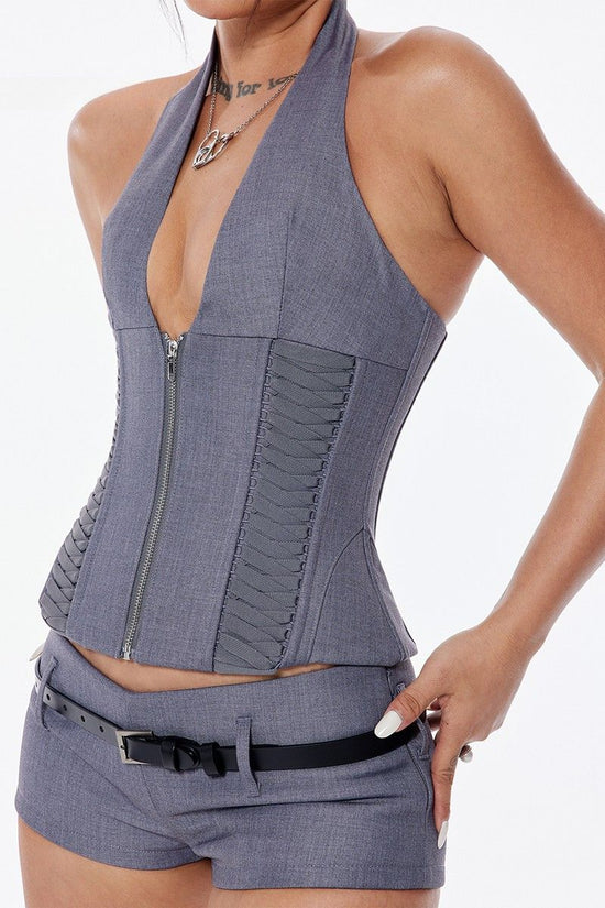 Zip-Up Halter Corset Top