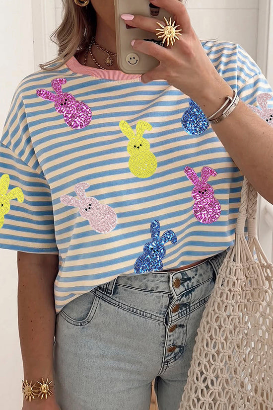 Striped Sequin Bunny Drop Shoulder Tee