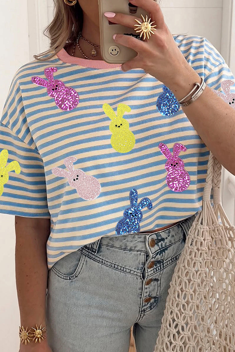 Striped Sequin Bunny Drop Shoulder Tee