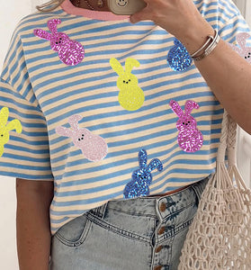 Striped Sequin Bunny Drop Shoulder Tee