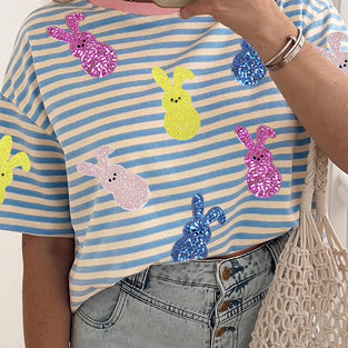 Striped Sequin Bunny Drop Shoulder Tee